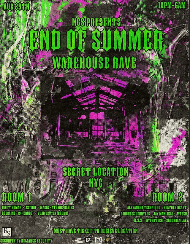 NCS End of Summer Warehouse Rave flyer